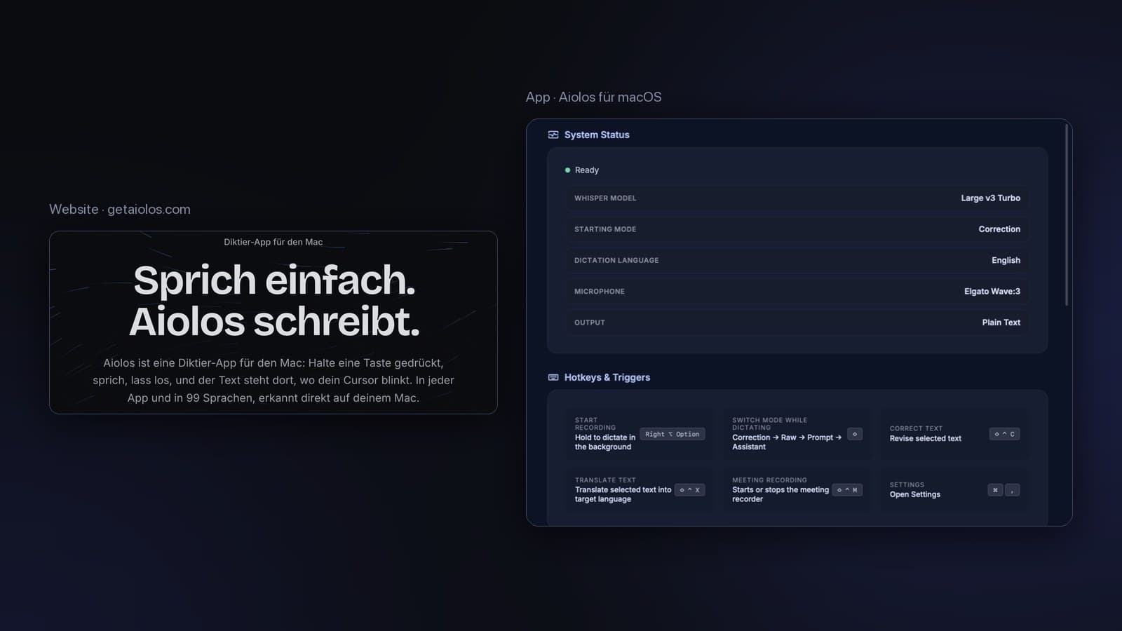 Aiolos: Website-Hero und App-Dashboard mit Tastenkürzeln
