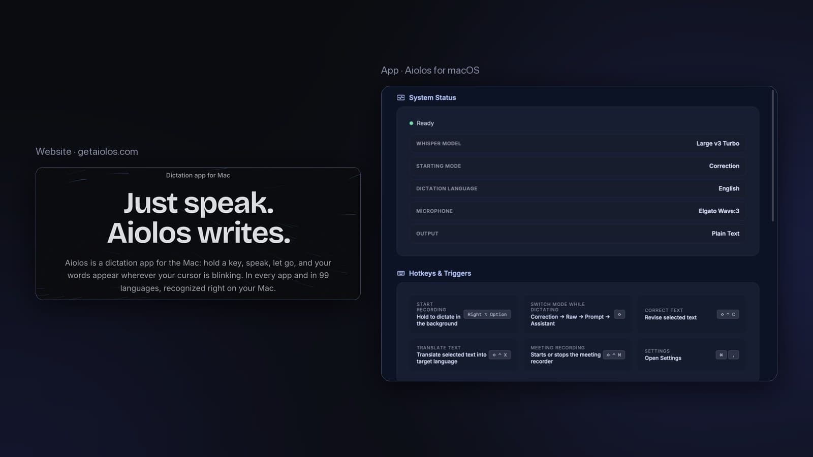 Aiolos: website hero and app dashboard with hotkeys