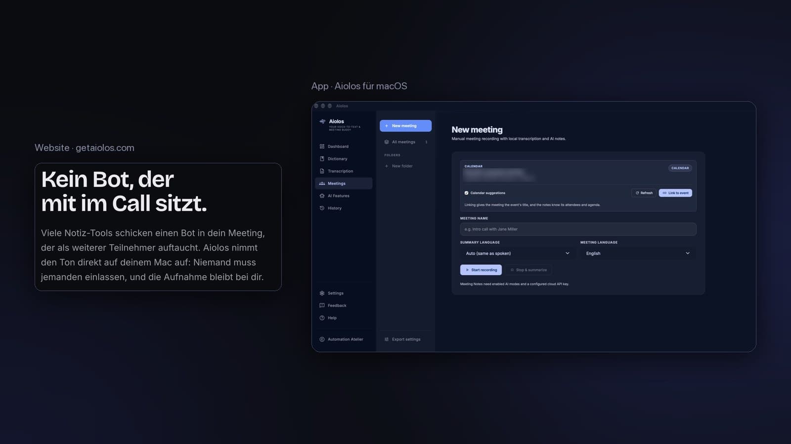 Aiolos: Meetings ohne Bot im Call, Website und App