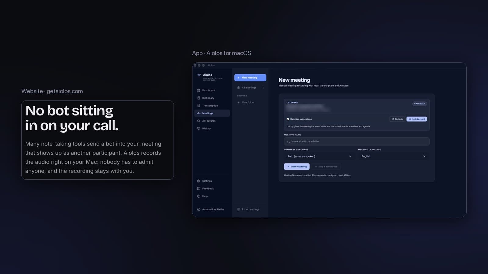 Aiolos: meetings with no bot in the call, website and app
