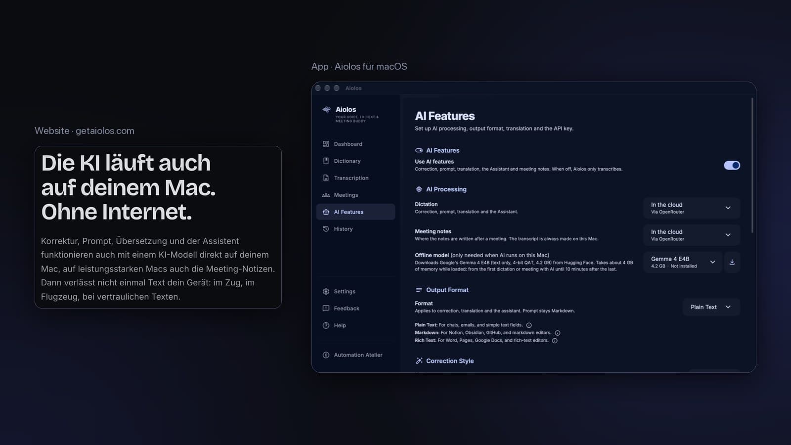 Aiolos: KI offline auf dem Mac, Website und App-Einstellungen