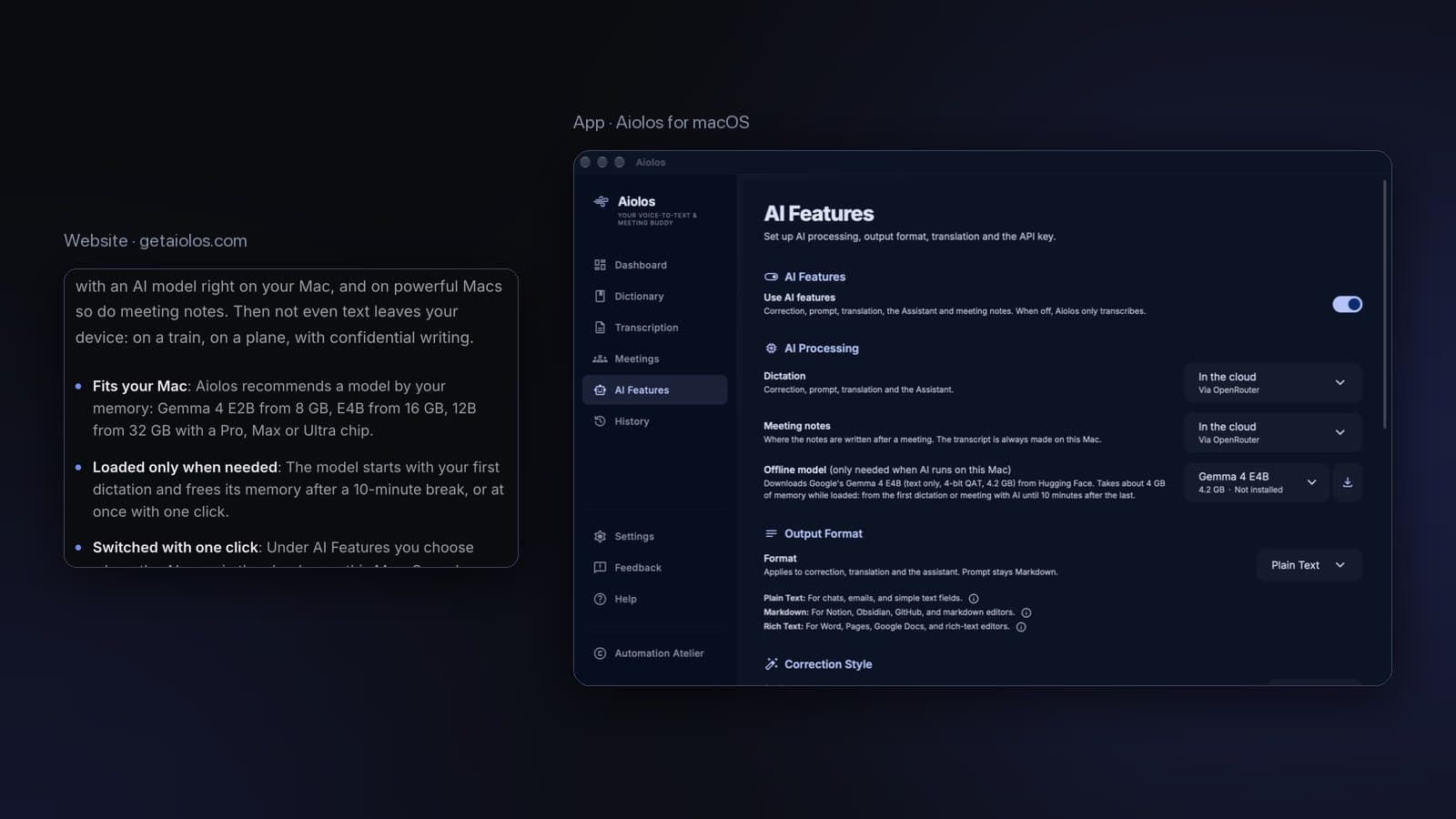 Aiolos: offline AI on the Mac, website and app settings