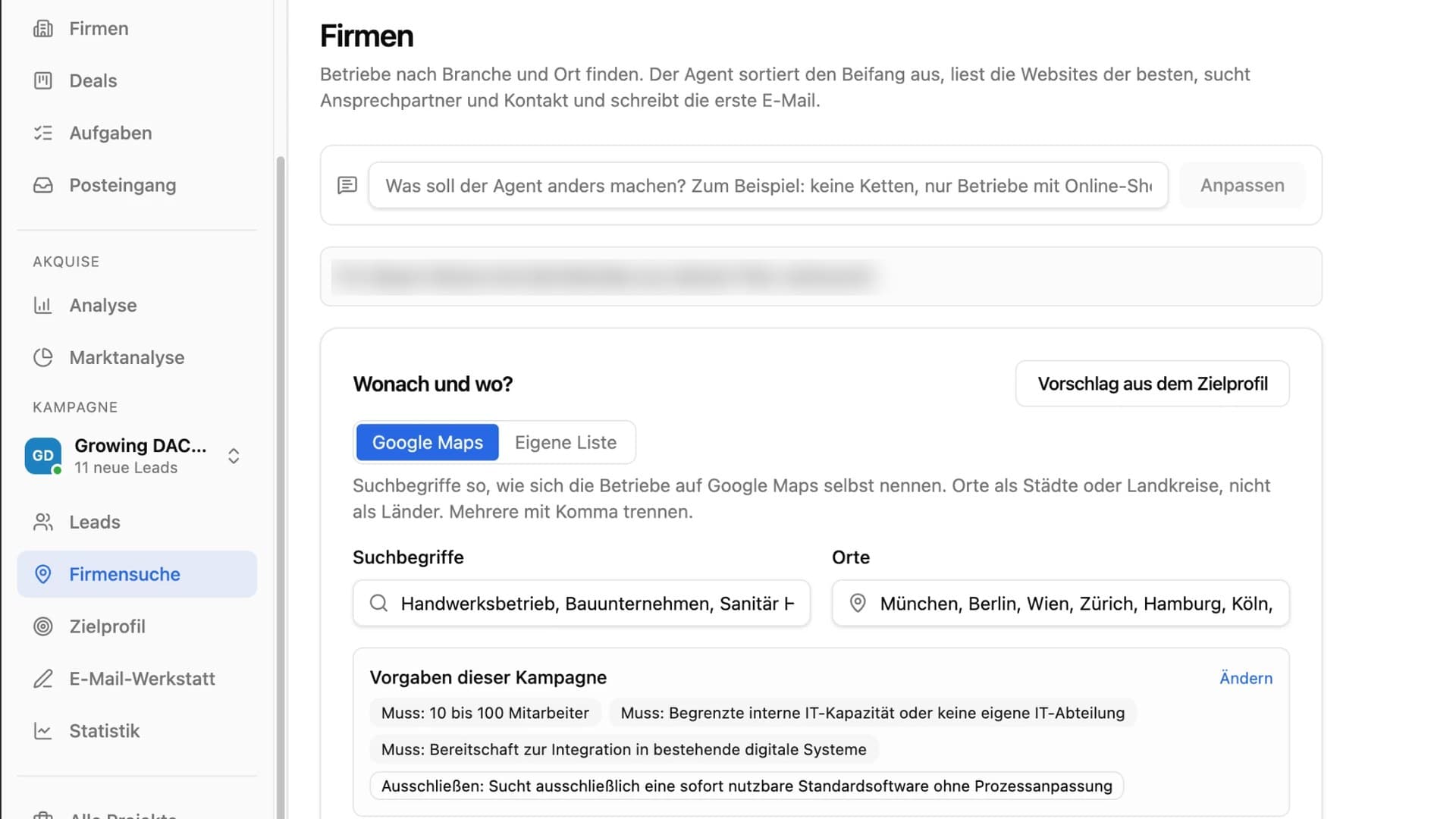 Lead-Plattform: Firmensuche über Google Maps mit Vorgaben der Kampagne