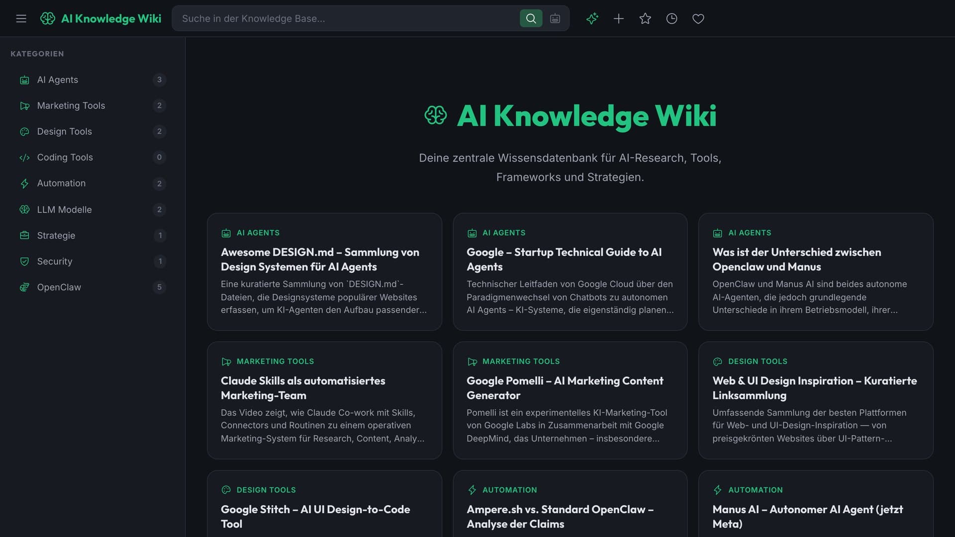 AI Knowledge Wiki: Startseite mit Kategorien und Suche